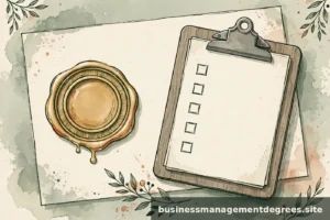 Illustration of an official seal stamp and checklist motifs on a paper ledger
