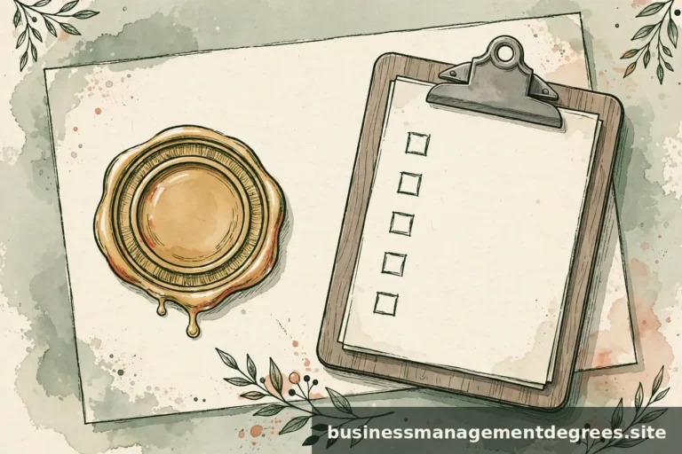 Illustration of an official seal stamp and checklist motifs on a paper ledger