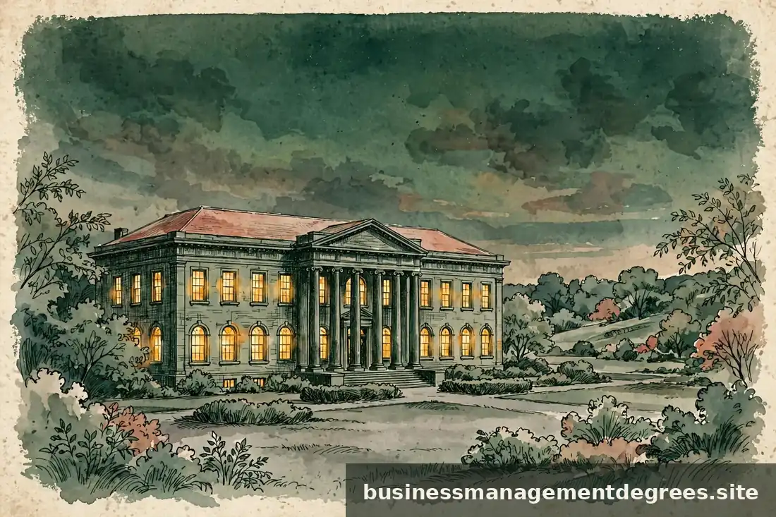 Abstract illustration of a university building facade drawn in ink at dusk
