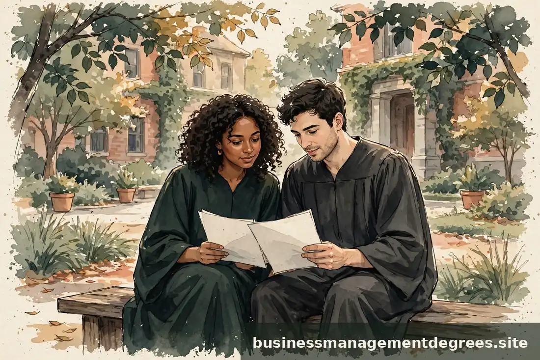 Two diverse graduates reviewing documents together in a campus courtyard