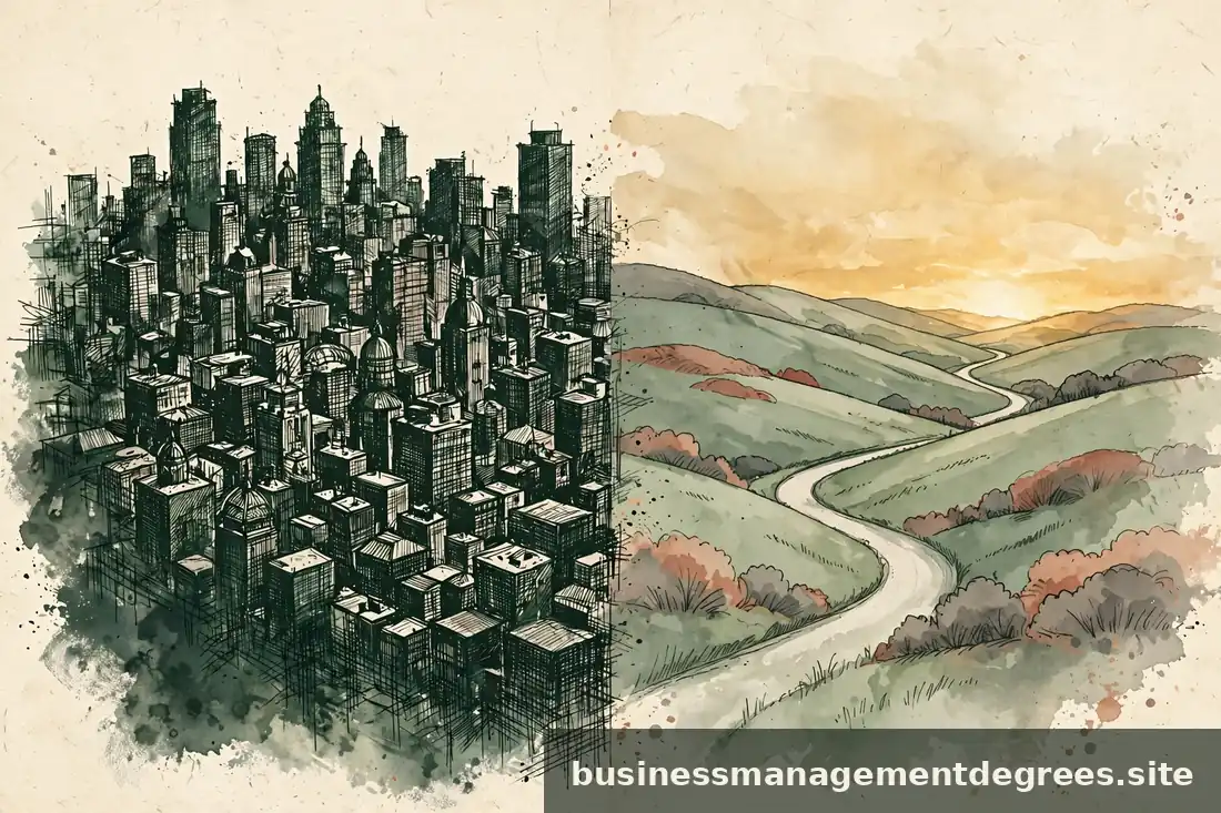Abstract illustration of a divided landscape, crowded city on one side and open road on the other