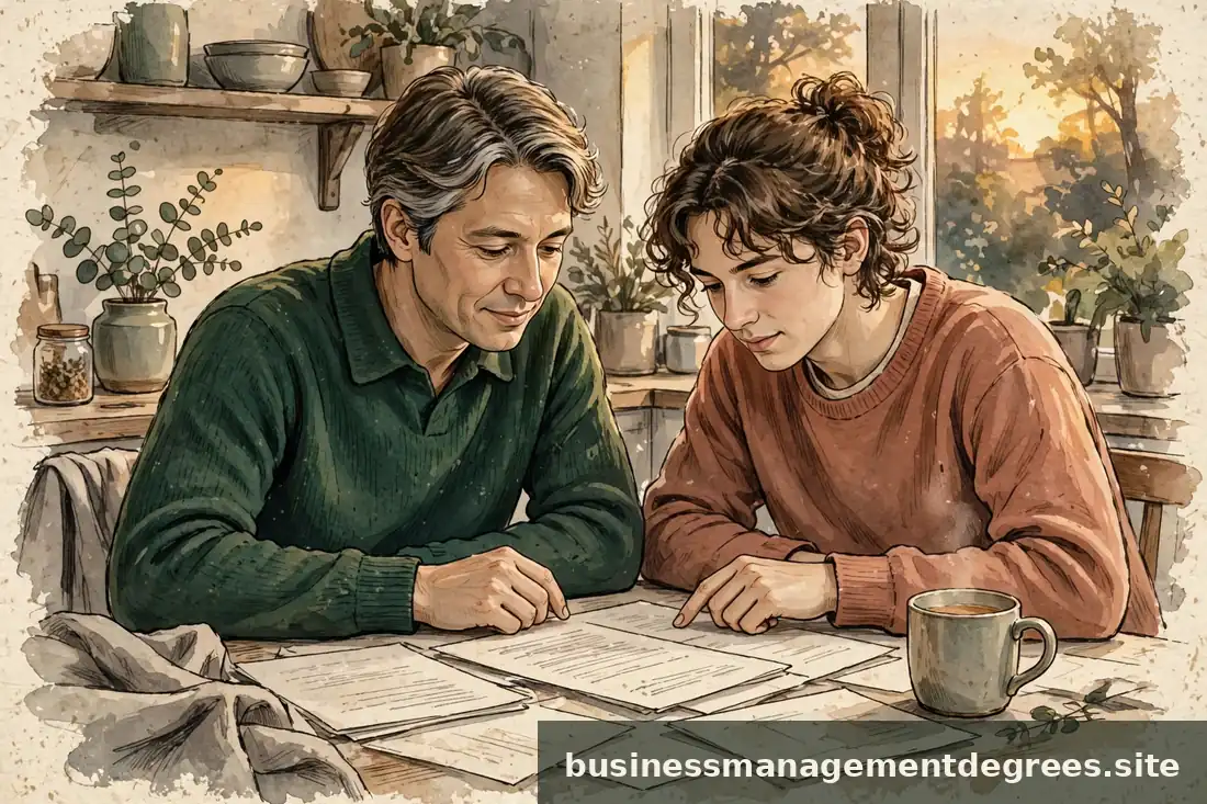 Two people reviewing documents together at a kitchen table, warm light