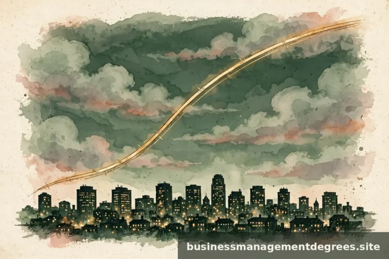 Illustration of a city skyline at dusk with an ink-drawn rising career path
