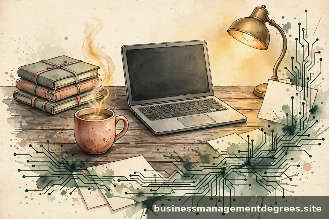 Illustration of a graduate's desk with abstract circuit motifs blending into paper documents